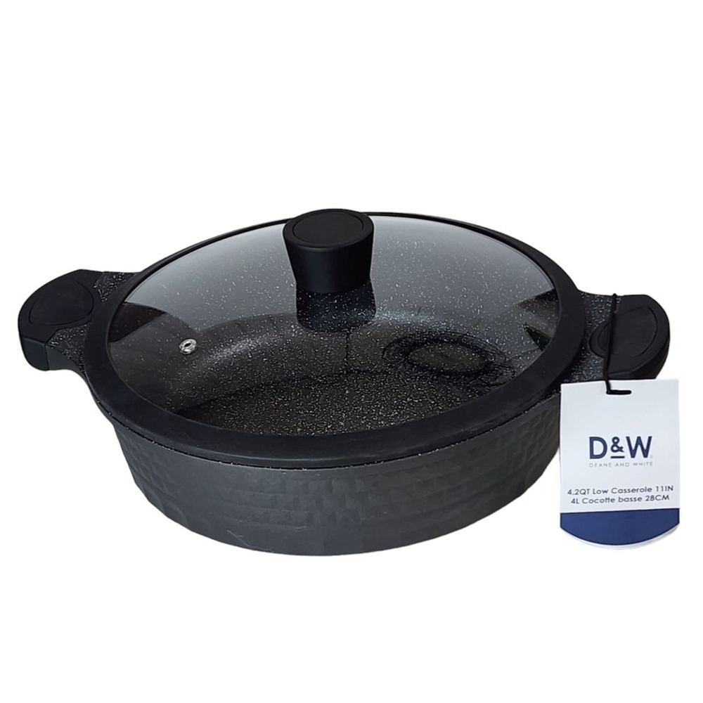 D&W Cookware 11inch Low Casserole Pan‎ With Lid Non Stick 4.2QT Black